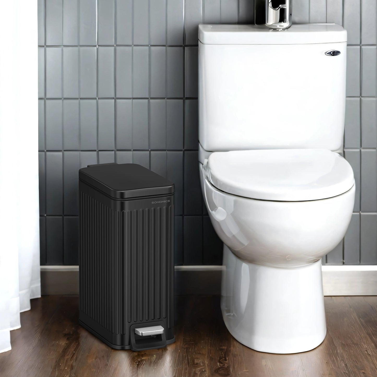Slim Bathroom Trash Can with Lid, 1.6 Gallon Soft-Close Step Bin, Fluted Design for Small Spaces - Stainless Steel,Black
