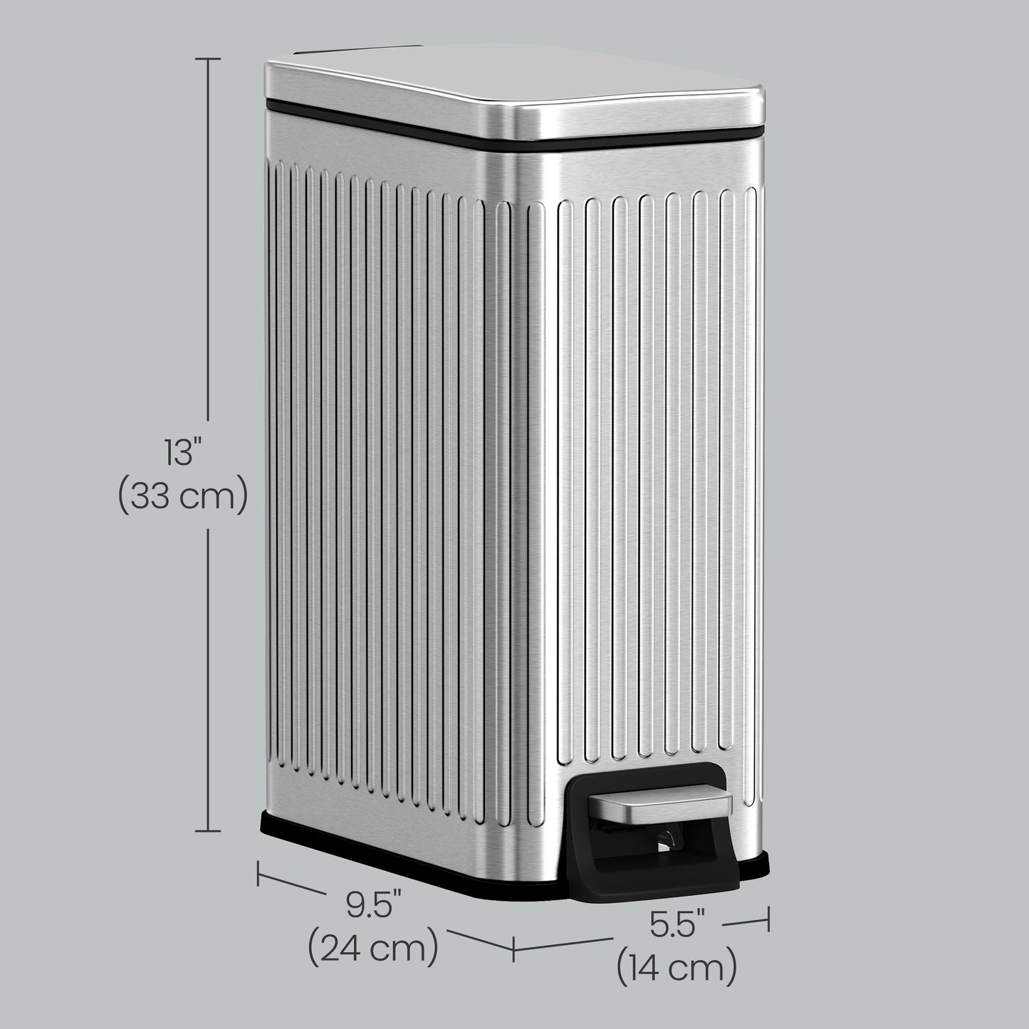 Slim Bathroom Trash Can with Lid, 1.6 Gallon Soft-Close Step Bin, Fluted Design for Small Spaces - Stainless Steel,Silver
