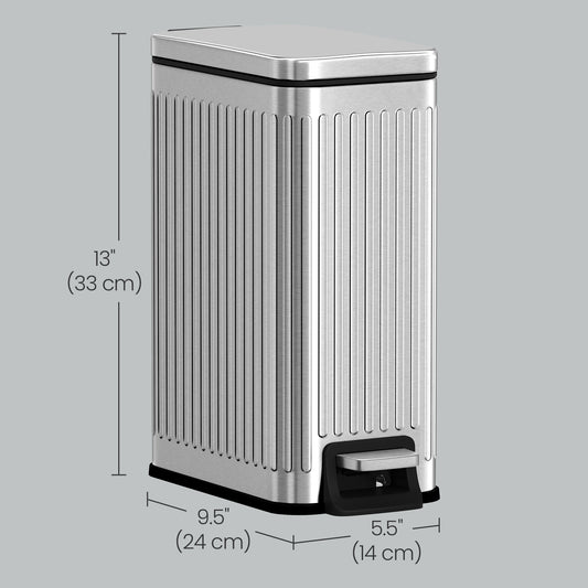 Slim Bathroom Trash Can with Lid, 1.6 Gallon Soft-Close Step Bin, Fluted Design for Small Spaces - Stainless Steel,Silver