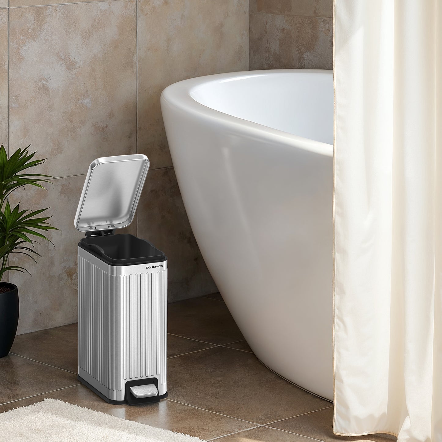 Slim Bathroom Trash Can with Lid, 1.6 Gallon Soft-Close Step Bin, Fluted Design for Small Spaces - Stainless Steel,Silver