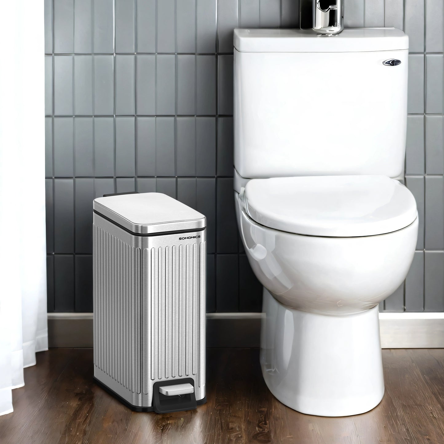 Slim Bathroom Trash Can with Lid, 1.6 Gallon Soft-Close Step Bin, Fluted Design for Small Spaces - Stainless Steel,Silver