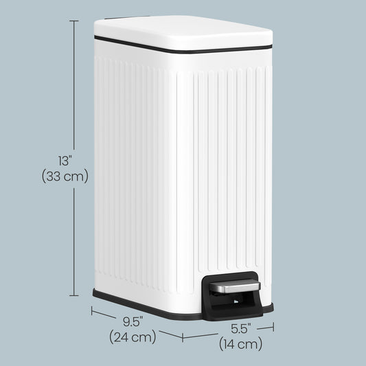 Slim Bathroom Trash Can with Lid, 1.6 Gallon Soft-Close Step Bin, Fluted Design for Small Spaces - Stainless Steel,Black,White