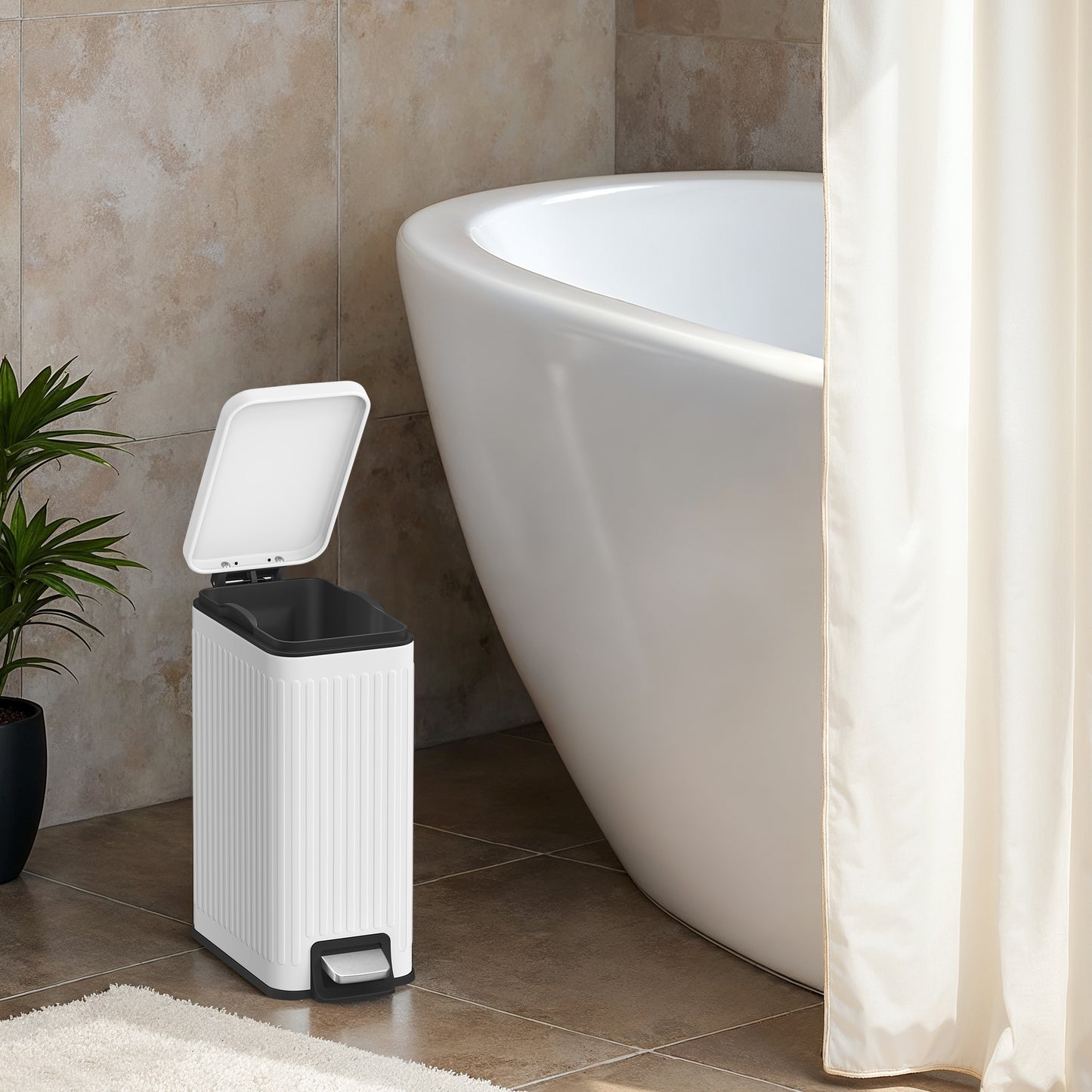 Slim Bathroom Trash Can with Lid, 1.6 Gallon Soft-Close Step Bin, Fluted Design for Small Spaces - Stainless Steel,Black,White