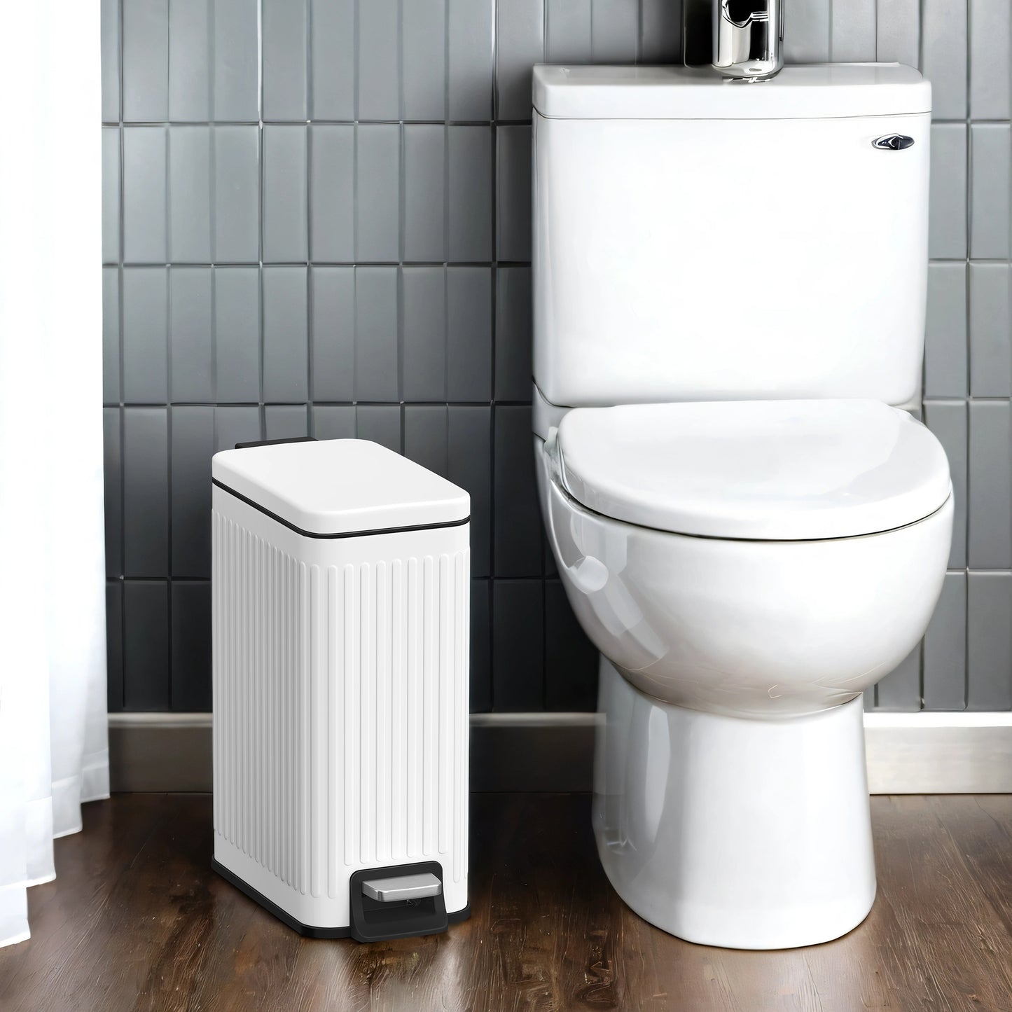 Slim Bathroom Trash Can with Lid, 1.6 Gallon Soft-Close Step Bin, Fluted Design for Small Spaces - Stainless Steel,Black,White