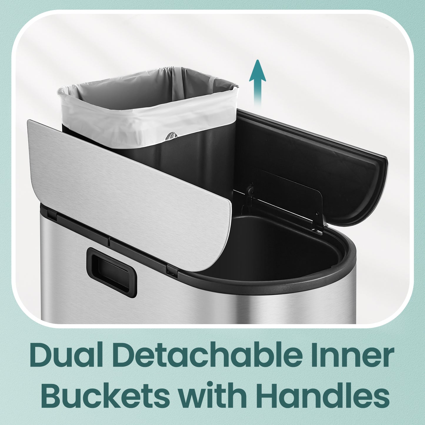 Dual Compartment Kitchen Trash Can, 13-Gallon Wing Lid Recycling Bin, Soft-Close & Dog-Proof Design - Stainless Steel,Metallic Silver