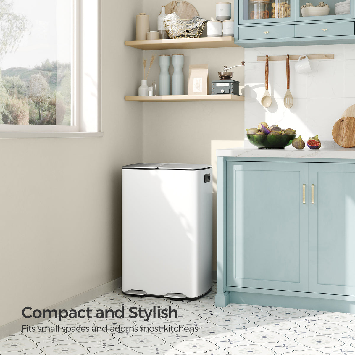 LEDREM 2 x 30L Steel Kitchen Recycling Bin with Pedal, Dual Compartment Waste Sorter, Soft-Close Lid, Removable Buckets, White