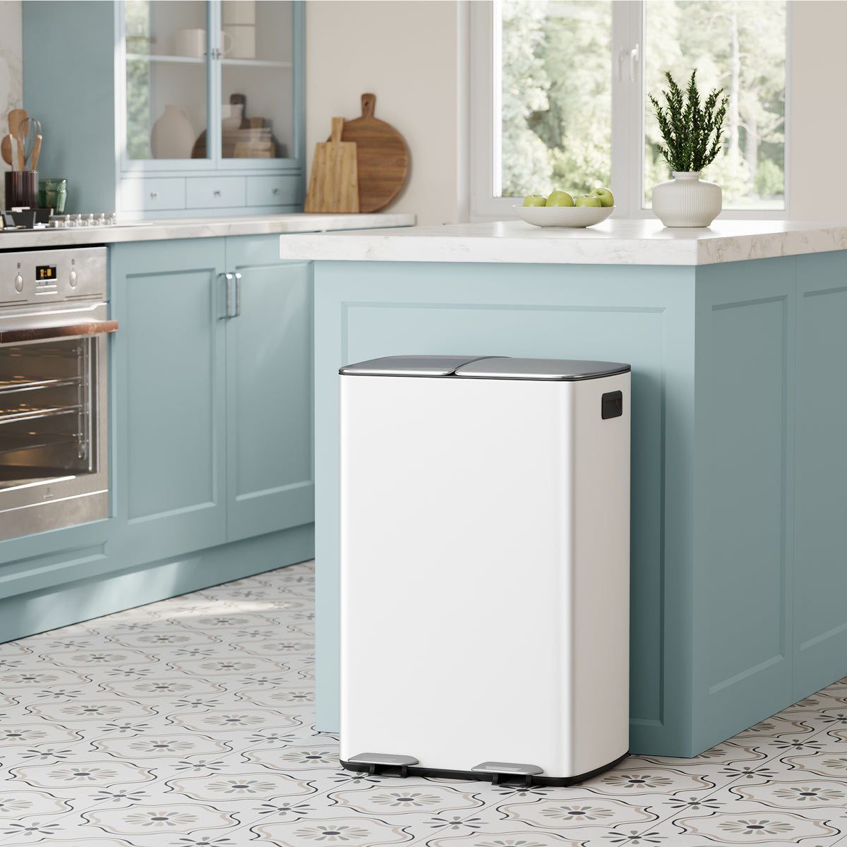 LEDREM 2 x 30L Steel Kitchen Recycling Bin with Pedal, Dual Compartment Waste Sorter, Soft-Close Lid, Removable Buckets, White