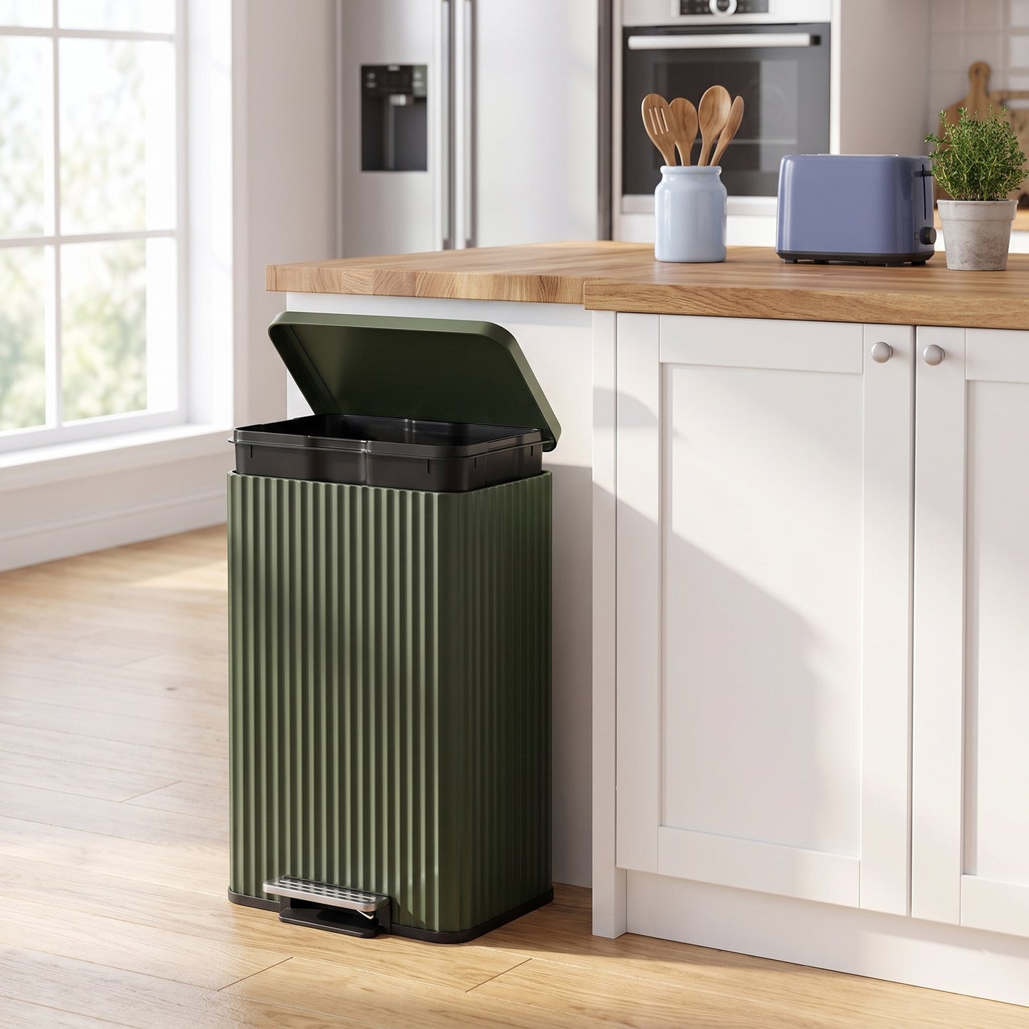 Ribbed Stainless Steel Step Trash Can with Soft Close Lid, 13 Gal., Green
