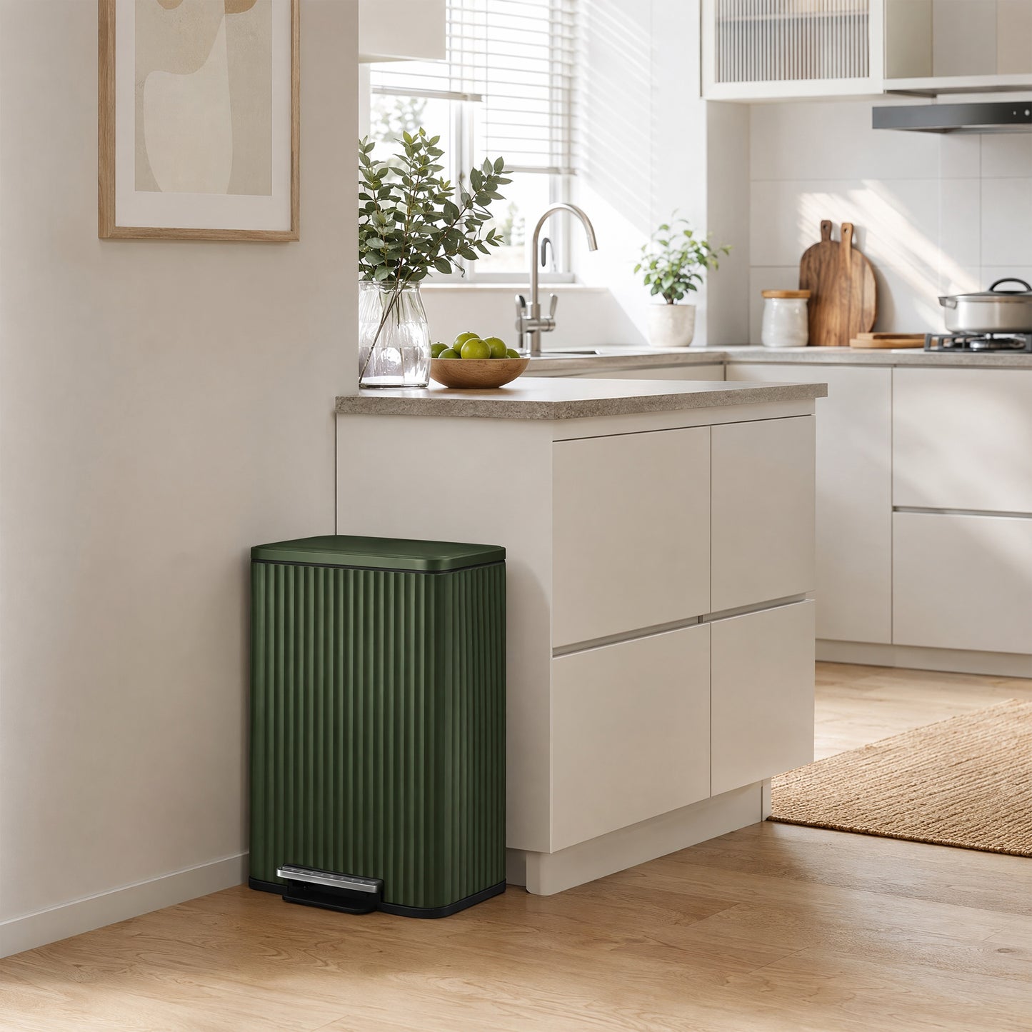 Ribbed Stainless Steel Step Trash Can with Soft Close Lid, 13 Gal., Green