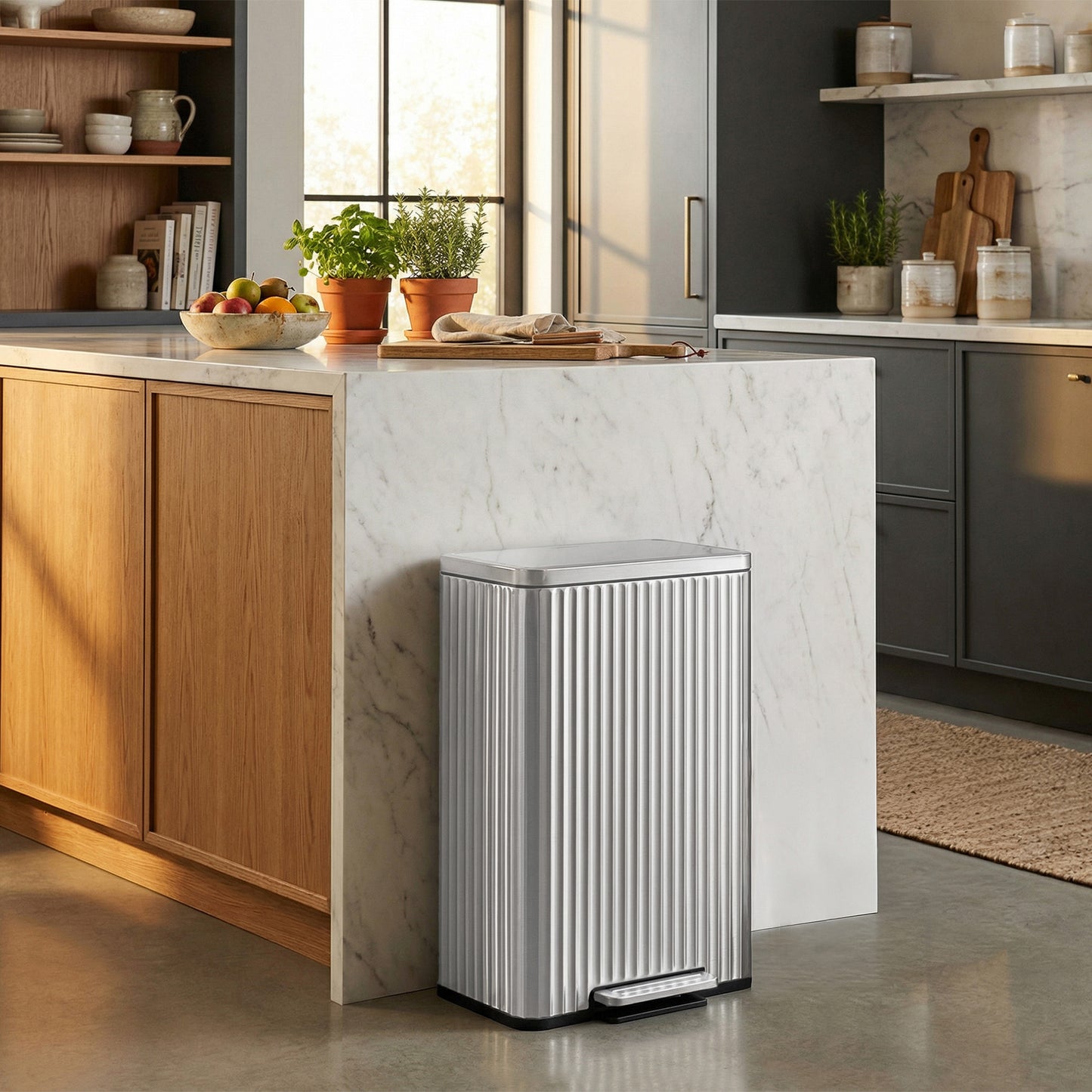 13 Gallon Trash Can for Kitchen, Stainless Steel Garbage Can with Lid, Pedal, Soft Close, Removable Inner Bucket, 15 Bags Included, Metallic Silver