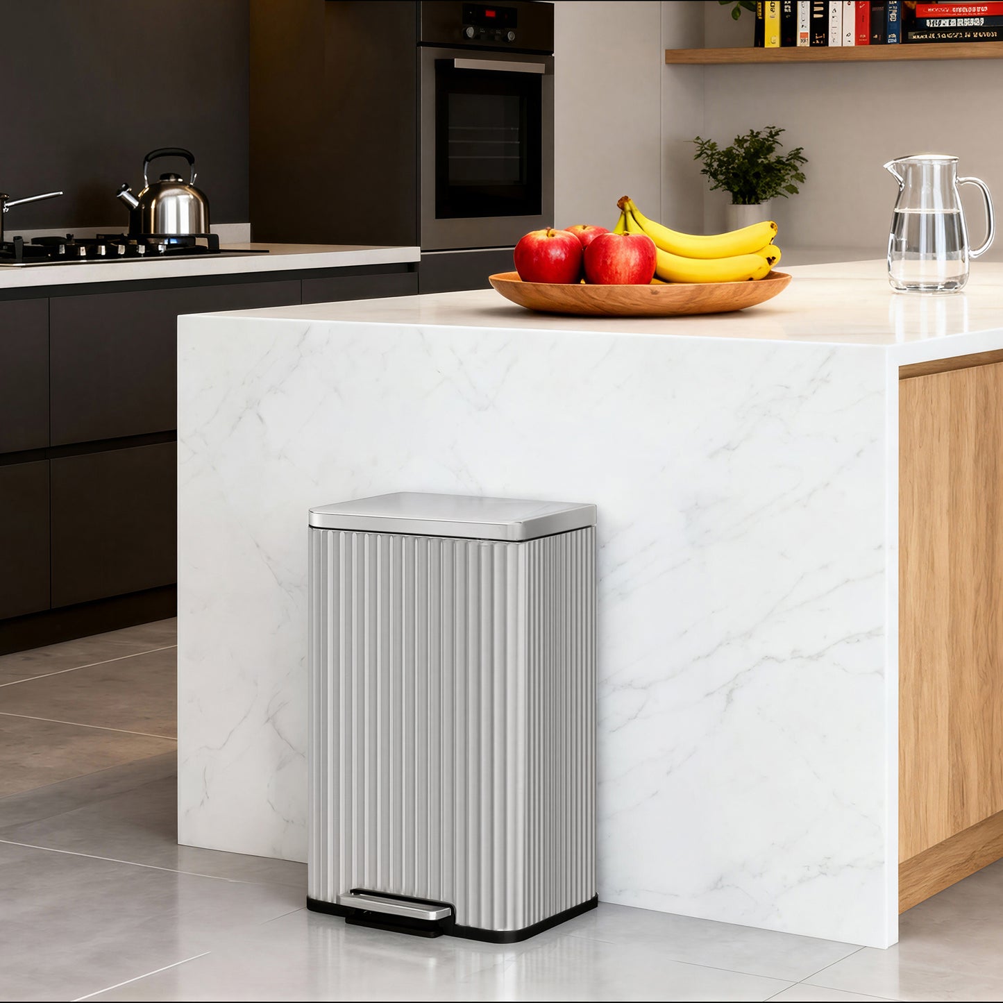 13 Gallon Trash Can for Kitchen, Stainless Steel Garbage Can with Lid, Pedal, Soft Close, Removable Inner Bucket, 15 Bags Included, Metallic Silver