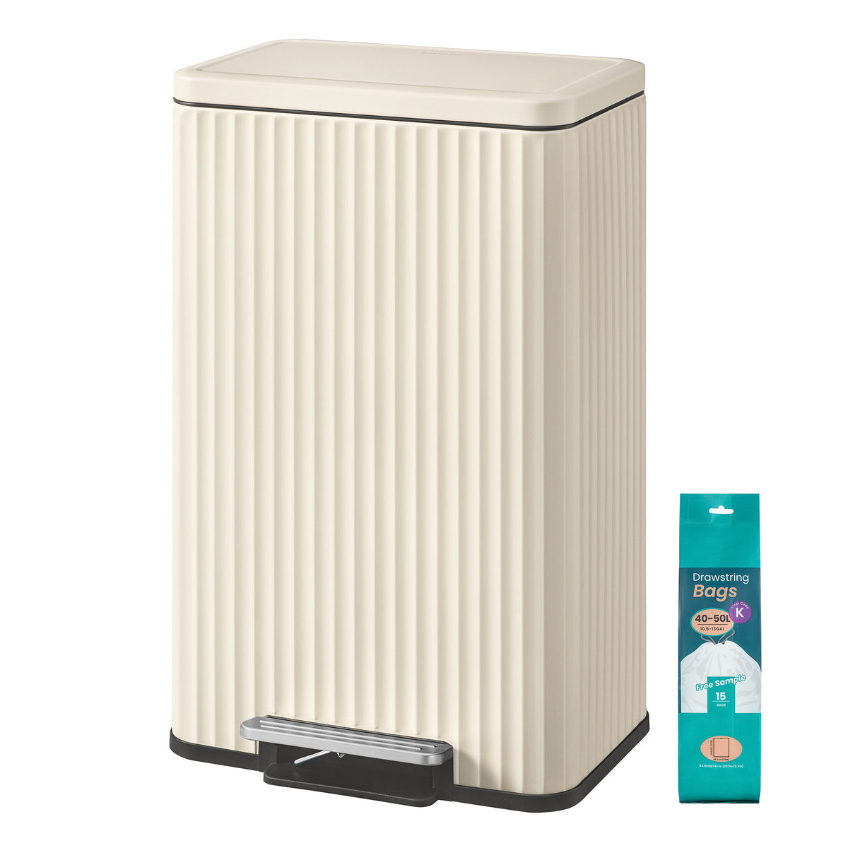 LEDREM 13 Gallon Kitchen Bin with Pedal, Soft Close Lid, Removable Inner Bucket, Stainless Steel Trash Can, Cream