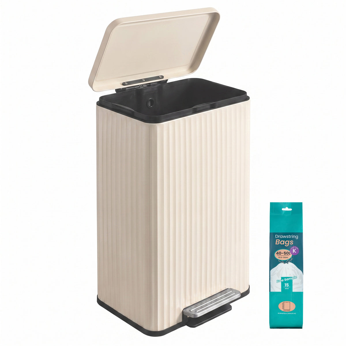 LEDREM 13 Gallon Kitchen Bin with Pedal, Soft Close Lid, Removable Inner Bucket, Stainless Steel Trash Can, Cream