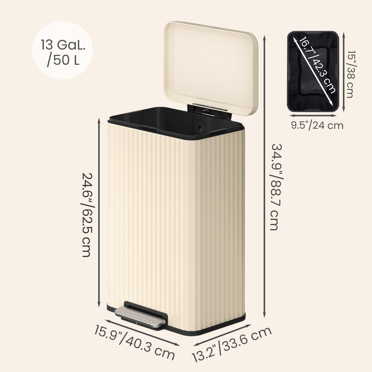 LEDREM 13 Gallon Kitchen Bin with Pedal, Soft Close Lid, Removable Inner Bucket, Stainless Steel Trash Can, Cream