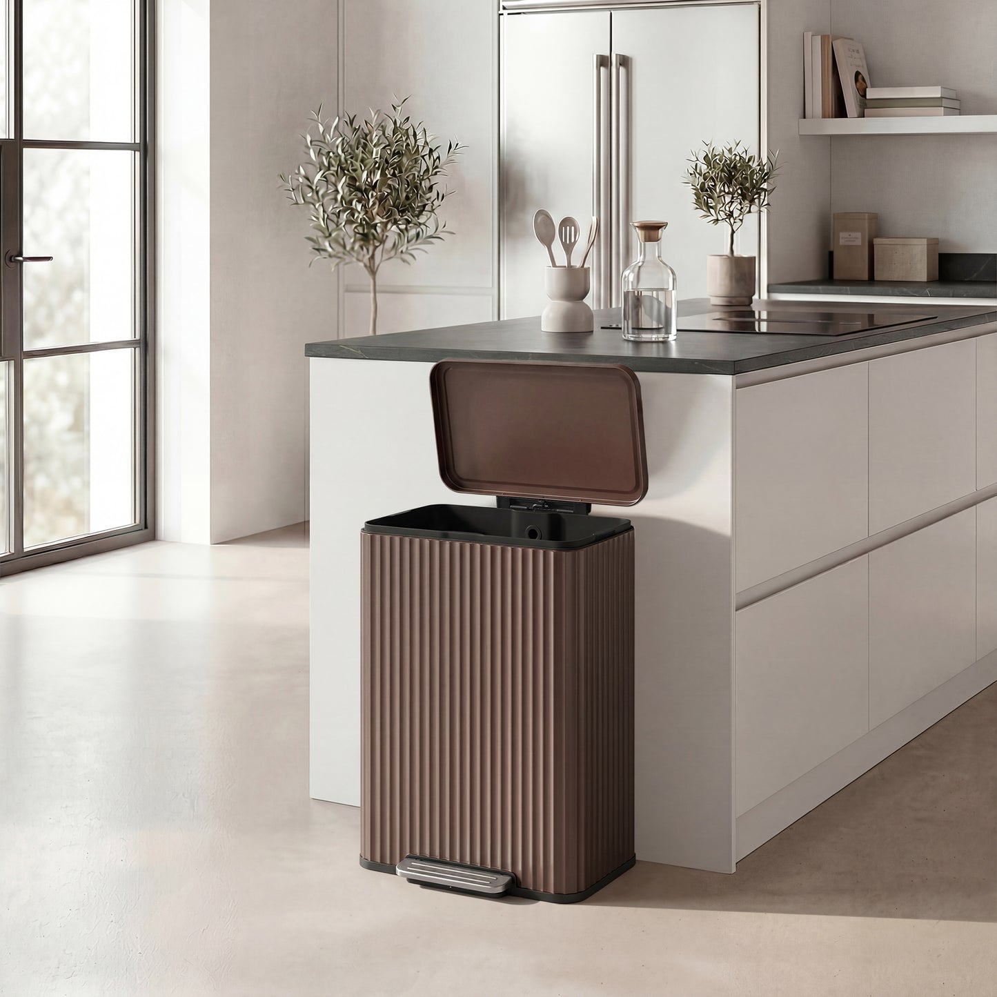 13 Gallon Kitchen Bin with Pedal, Soft Close Lid, Removable Inner Bucket, Stainless Steel Trash Can, Brown