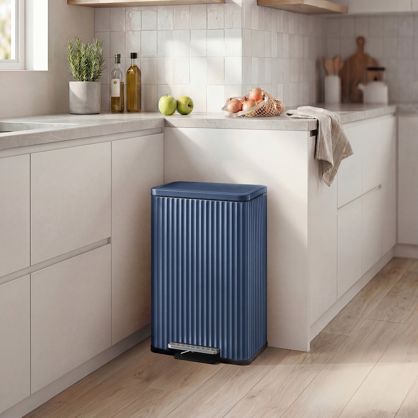 13 Gallon Kitchen Bin with Pedal, Soft Close Lid, Removable Inner Bucket, Stainless Steel Trash Can, Blue
