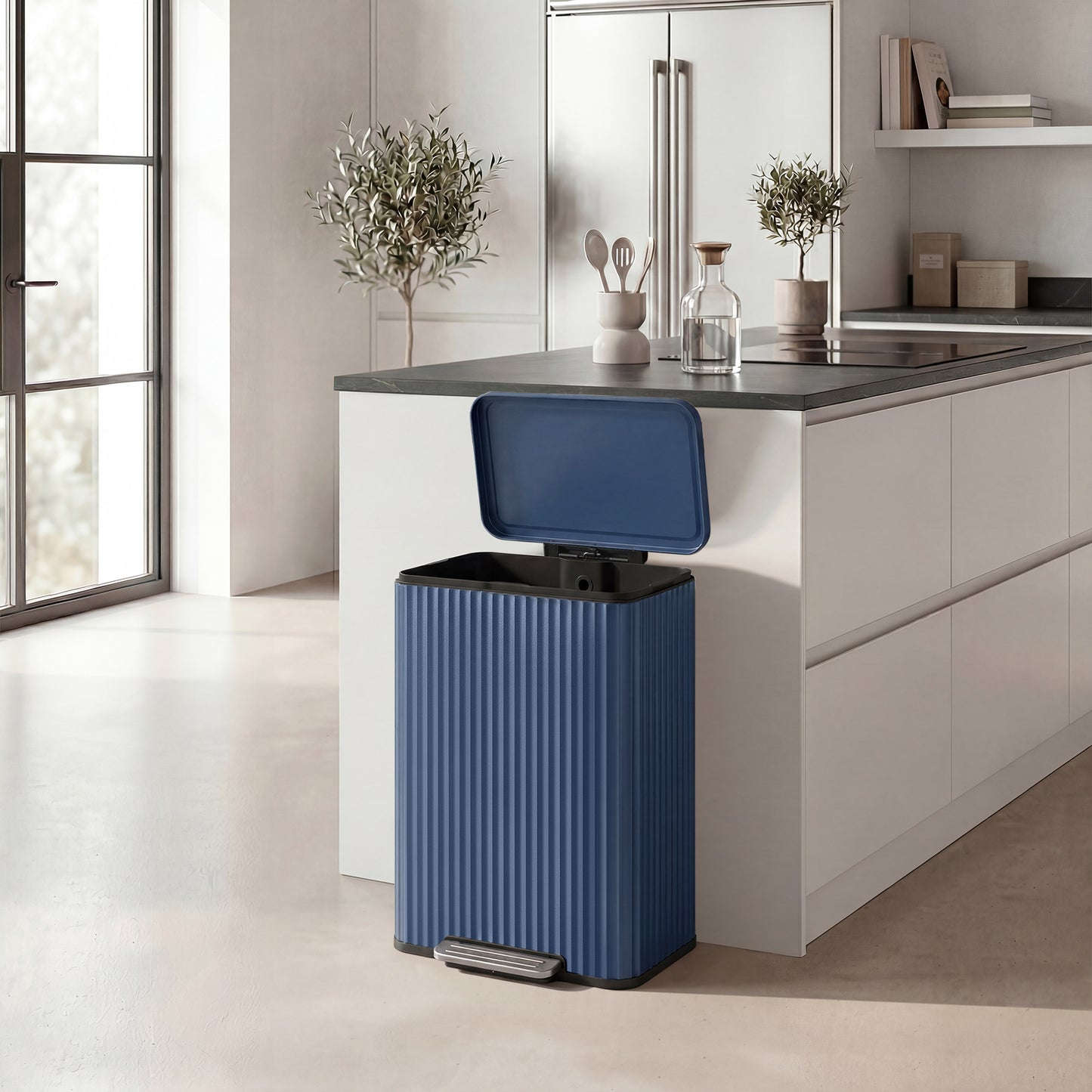 13 Gallon Kitchen Bin with Pedal, Soft Close Lid, Removable Inner Bucket, Stainless Steel Trash Can, Blue
