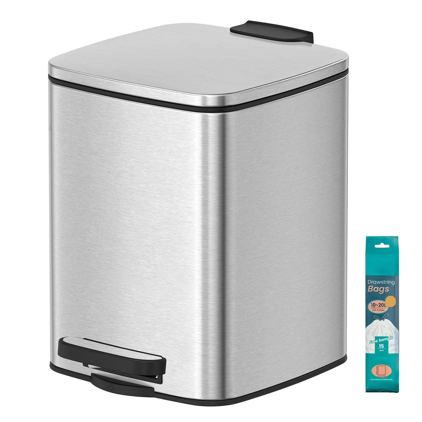 Dog Poop Trash Can with Lid, 1.6 Gal Outdoor Garbage Bin, Stainless Steel Soft-Close with Inner Bucket, Metallic Silver