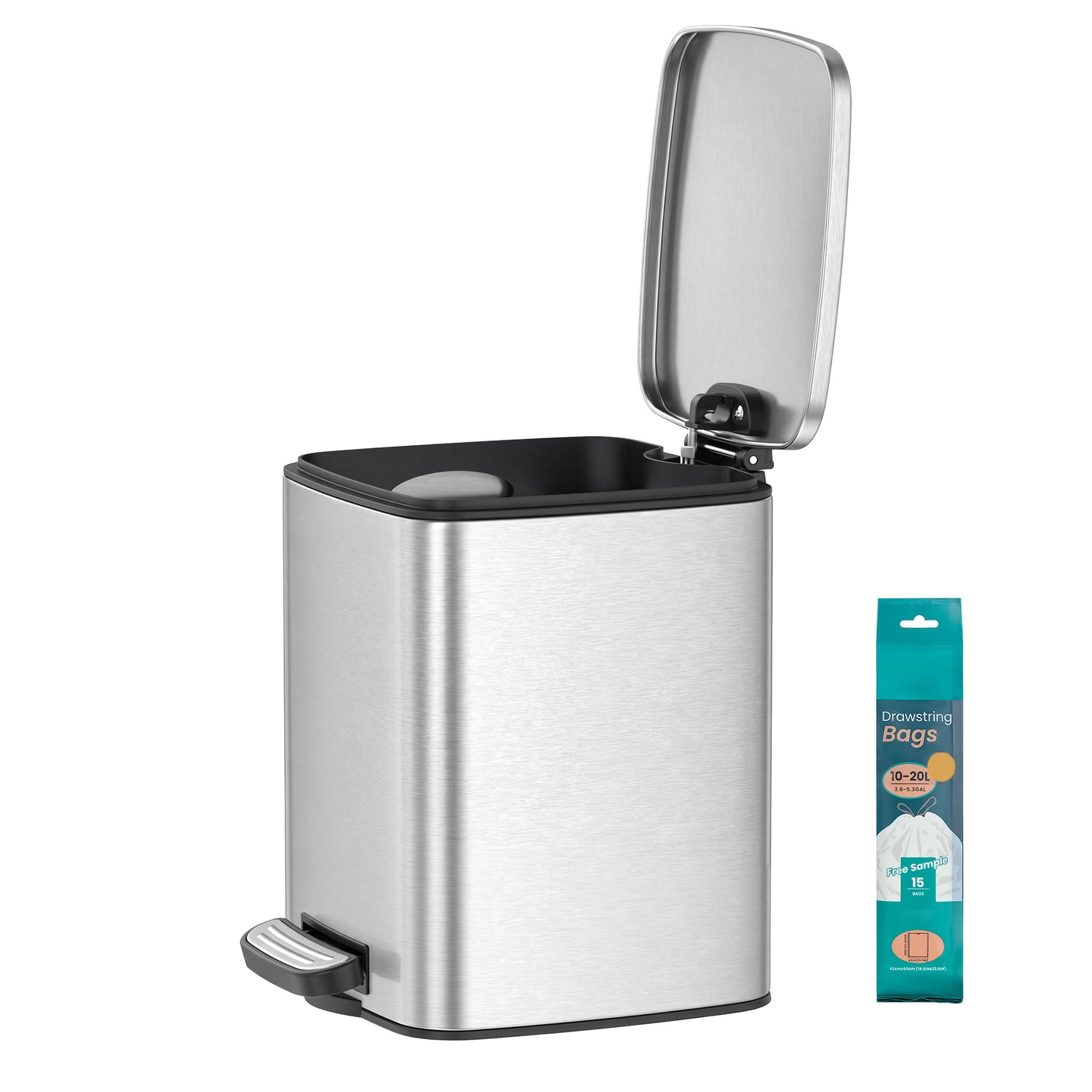 Dog Poop Trash Can with Lid, 1.6 Gal Outdoor Garbage Bin, Stainless Steel Soft-Close with Inner Bucket, Metallic Silver