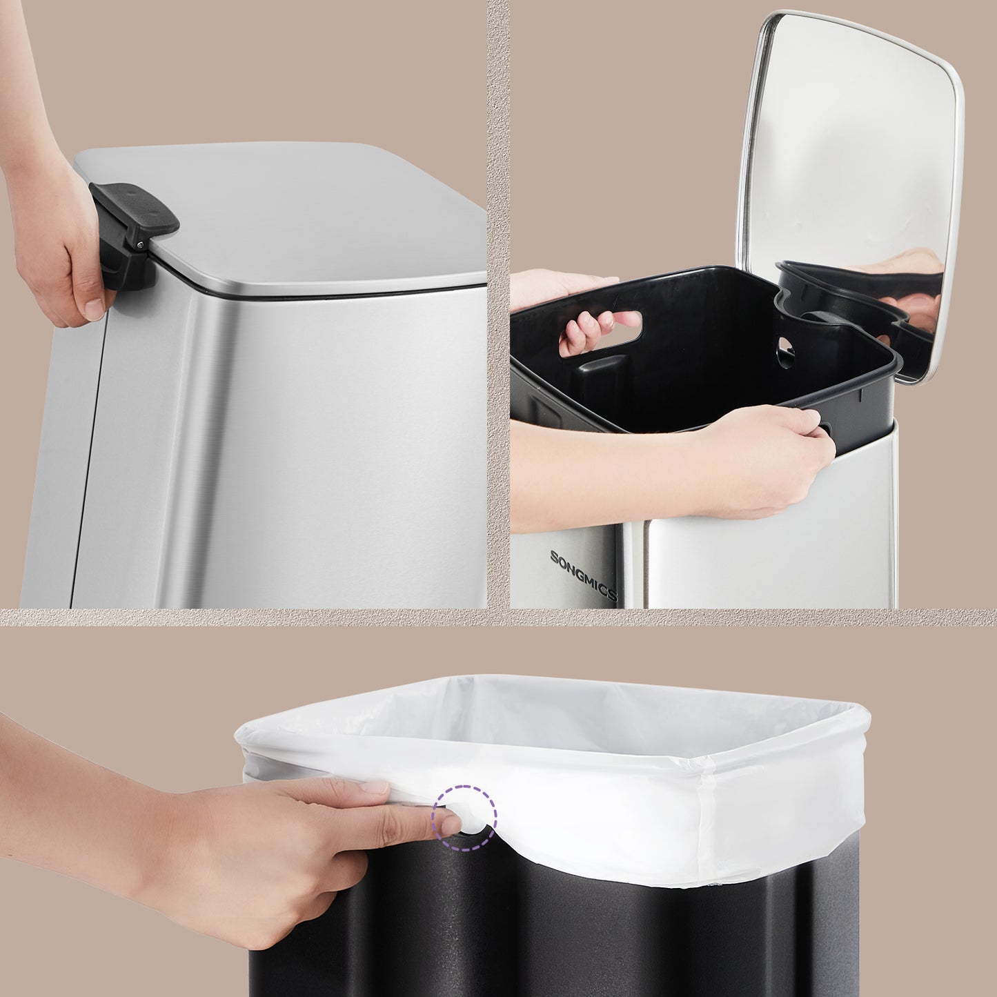 Kitchen Trash Can with Inner Bucket, 5.2-Gallon Soft-Close Lid Bin, Compact & Non-Slip Base, Stainless Steel,Metallic Silver