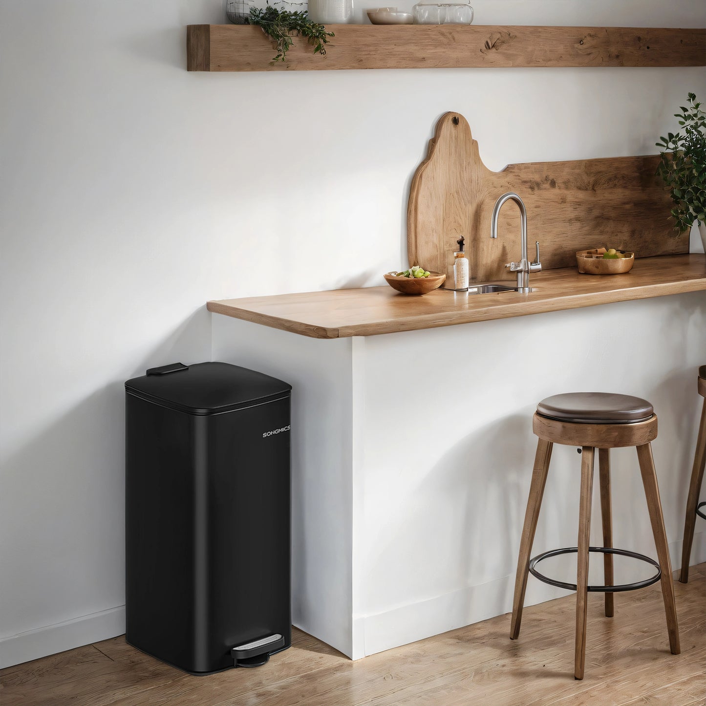 8-Gallon Kitchen Trash Can with Soft-Close Lid, Compact Stainless Steel Bin, Inner Bucket & Non-Slip Base,Ink Black