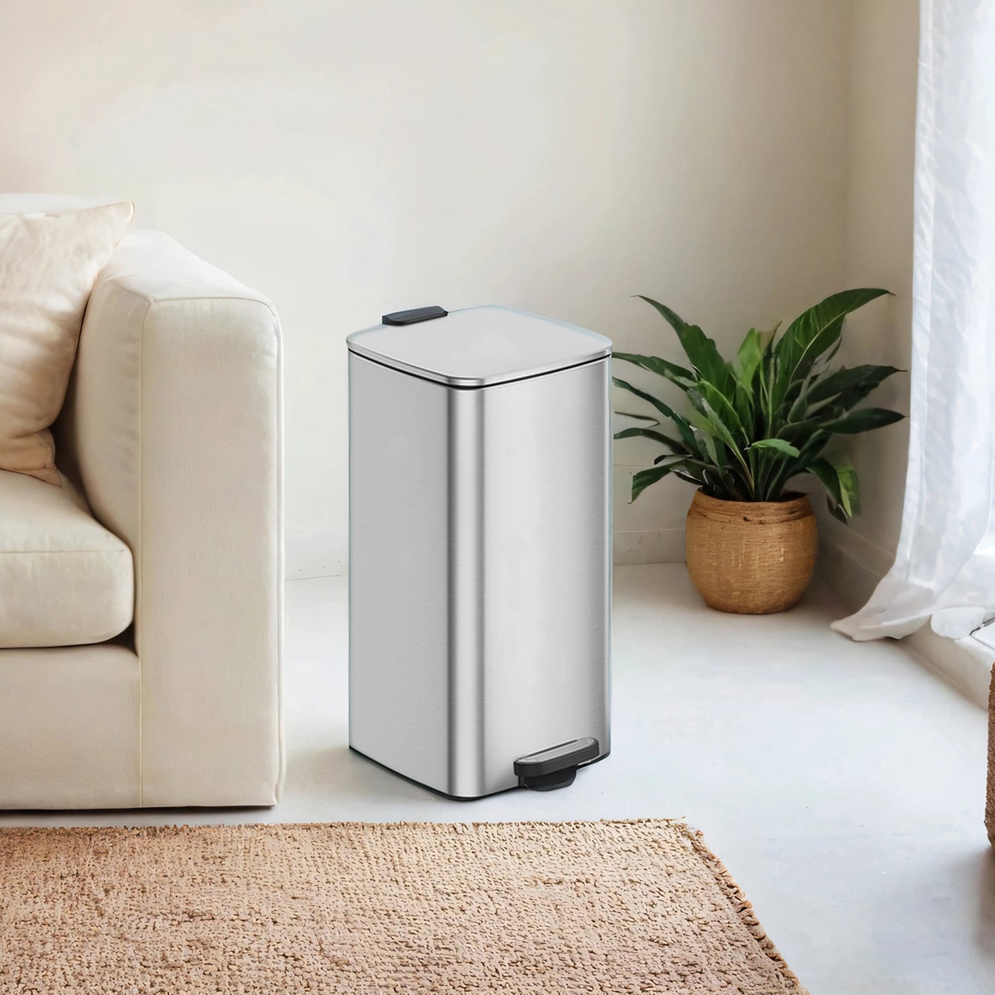 8-Gallon Kitchen Trash Can with Soft-Close Lid, Compact Stainless Steel Bin, Inner Bucket & Non-Slip Base,Metallic Silver