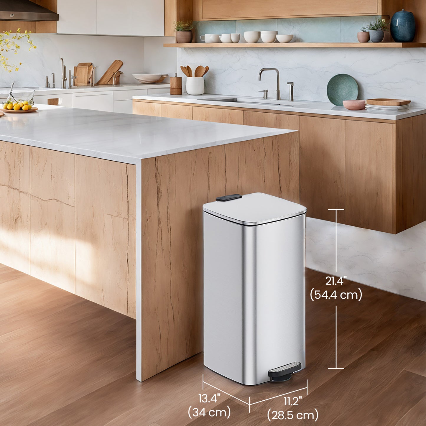 8-Gallon Kitchen Trash Can with Soft-Close Lid, Compact Stainless Steel Bin, Inner Bucket & Non-Slip Base,Metallic Silver