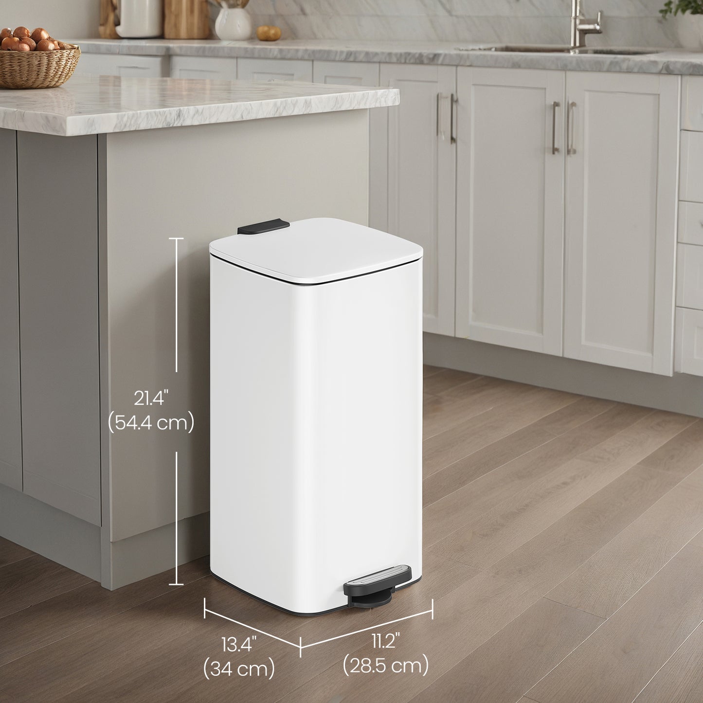 8-Gallon Kitchen Trash Can with Soft-Close Lid, Compact Stainless Steel Bin, Inner Bucket & Non-Slip Base,Cloud White