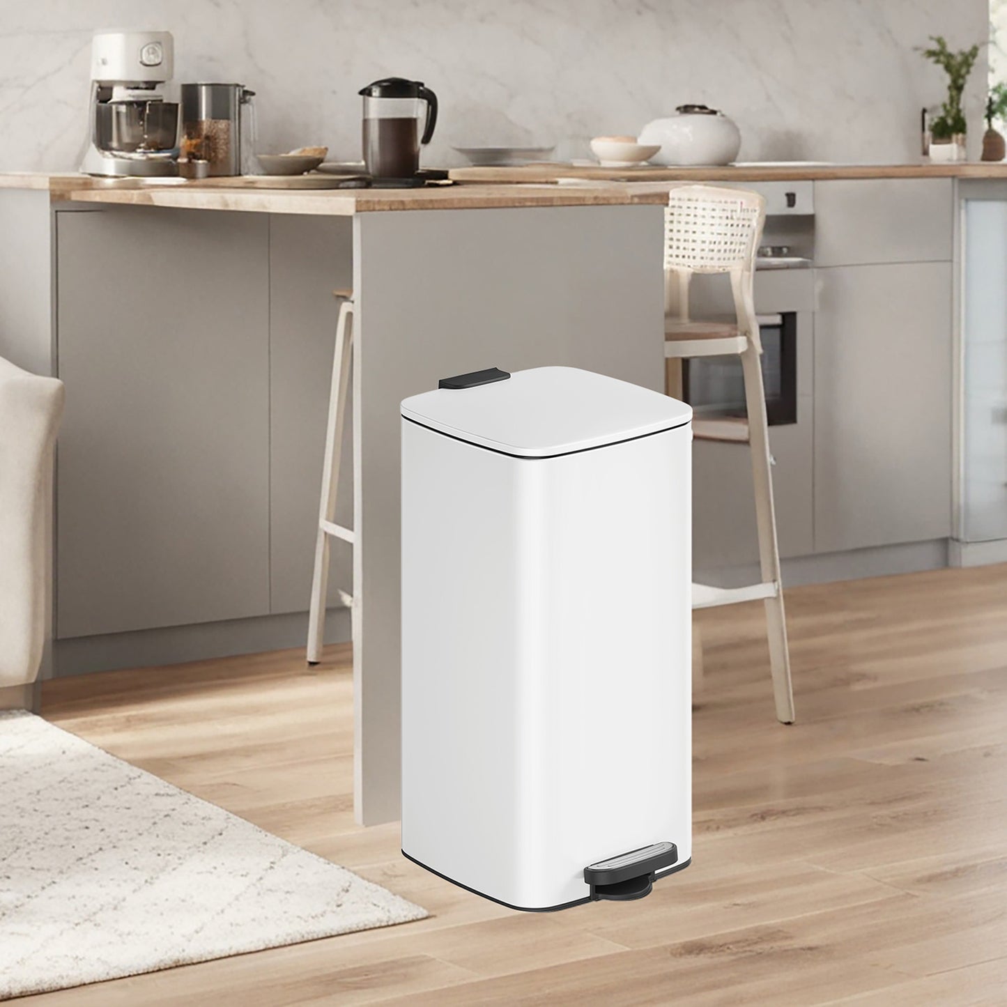 8-Gallon Kitchen Trash Can with Soft-Close Lid, Compact Stainless Steel Bin, Inner Bucket & Non-Slip Base,Cloud White