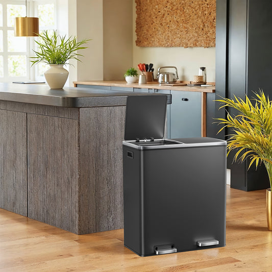 Dual Compartment Kitchen Trash Can, 2x8 Gallon Step Bin with Inner Buckets & Soft-Close Lid, Includes 15 Trash Bags,Black