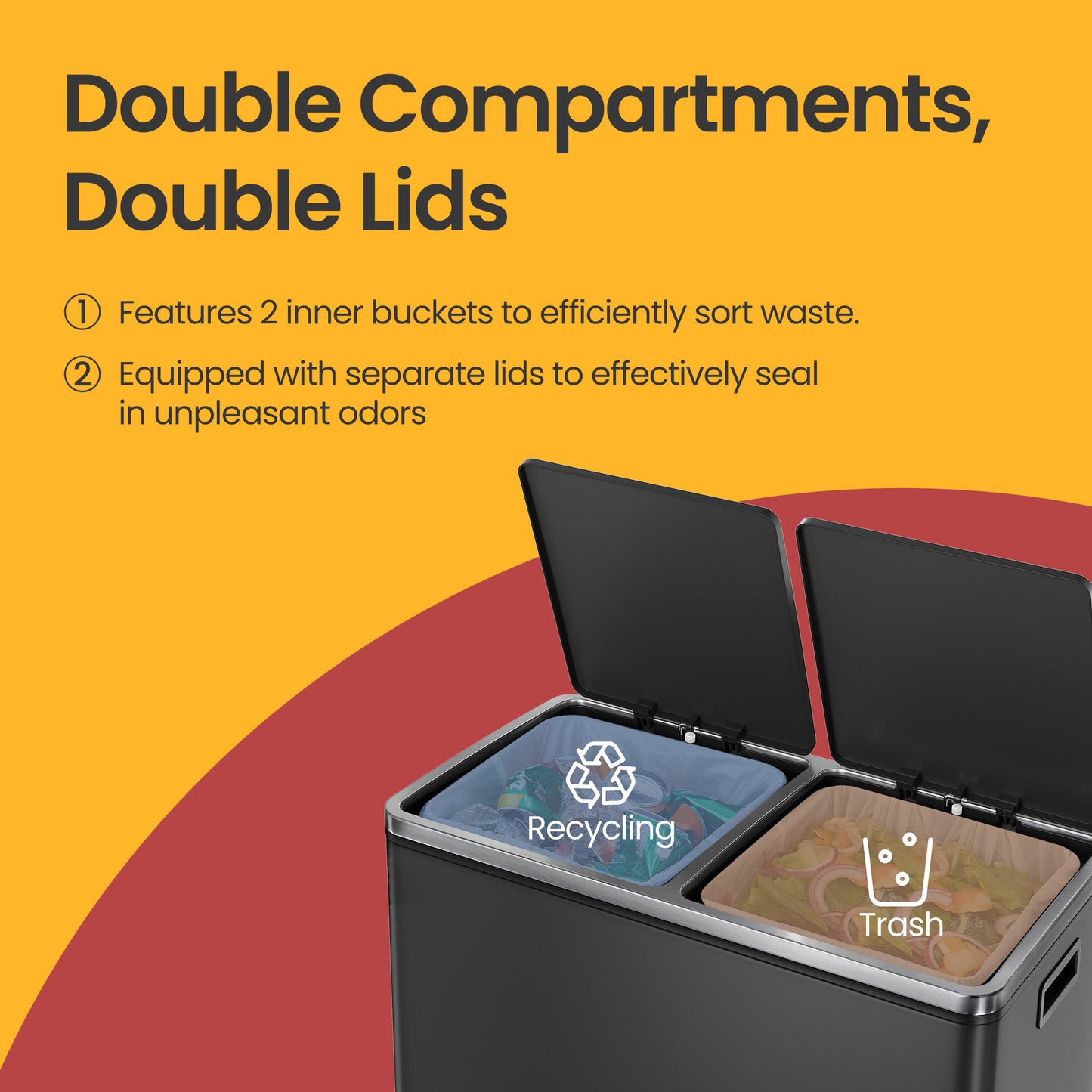 Dual Compartment Kitchen Trash Can, 2x8 Gallon Step Bin with Inner Buckets & Soft-Close Lid, Includes 15 Trash Bags,Black