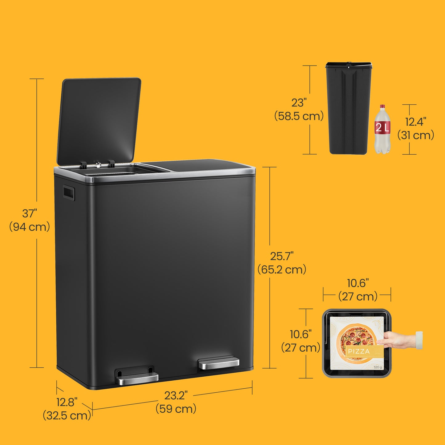 Dual Compartment Kitchen Trash Can, 2x8 Gallon Step Bin with Inner Buckets & Soft-Close Lid, Includes 15 Trash Bags,Black
