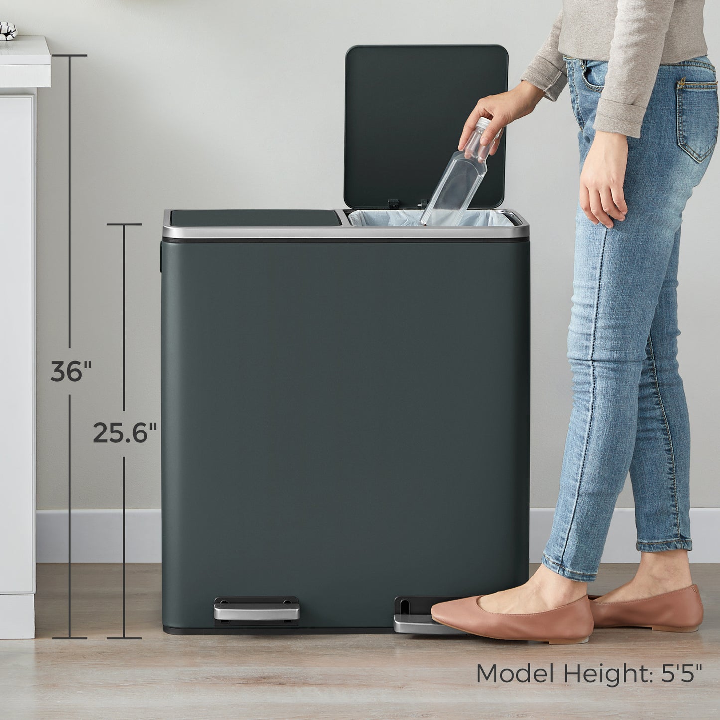 Dual Compartment Kitchen Trash Can, 2x8 Gallon Step Bin with Inner Buckets & Soft-Close Lid, Includes 15 Trash Bags,Greenish-Gray
