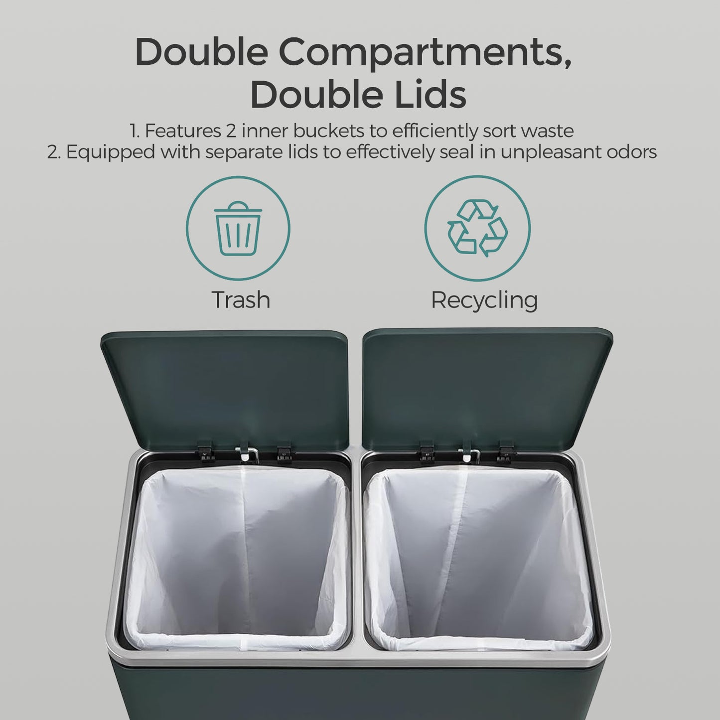 Dual Compartment Kitchen Trash Can, 2x8 Gallon Step Bin with Inner Buckets & Soft-Close Lid, Includes 15 Trash Bags,Greenish-Gray