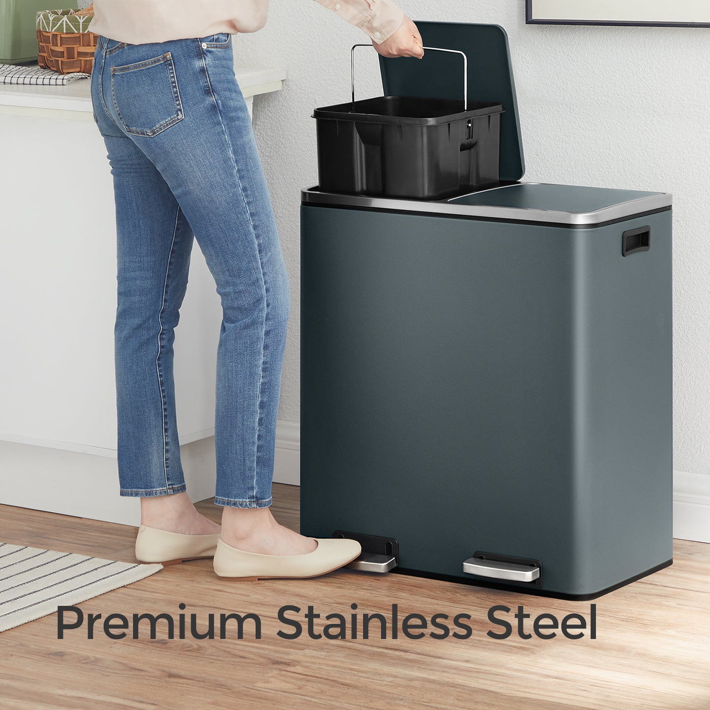 Dual Compartment Kitchen Trash Can, 2x8 Gallon Step Bin with Inner Buckets & Soft-Close Lid, Includes 15 Trash Bags,Greenish-Gray