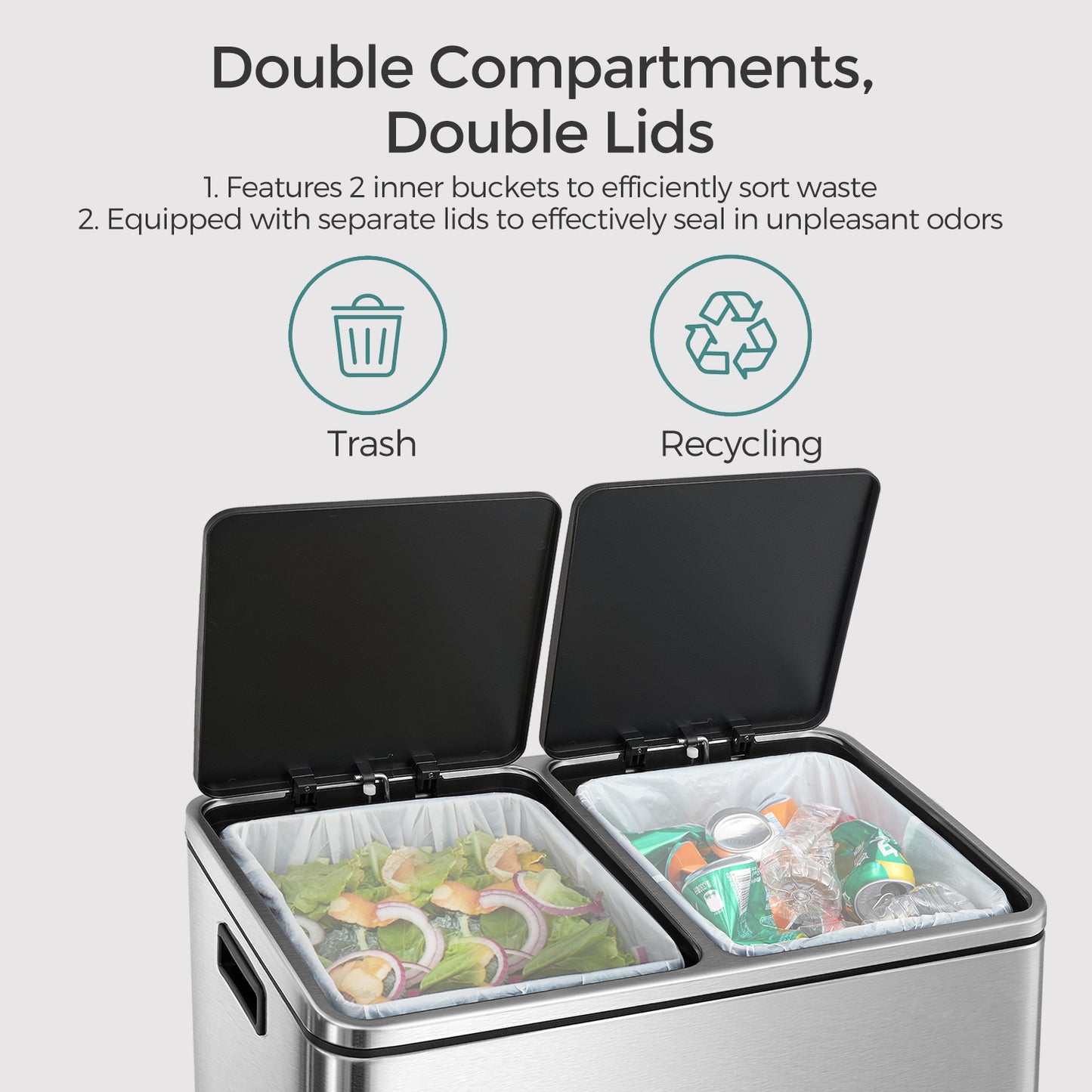 Dual Compartment Kitchen Trash Can, 2x8 Gallon Step Bin with Inner Buckets & Soft-Close Lid, Includes 15 Trash Bags,Silver and Black