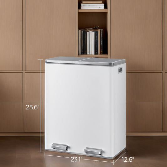 Dual Compartment Kitchen Trash Can, 2x8 Gallon Step Bin with Inner Buckets & Soft-Close Lid, Includes 15 Trash Bags,White and Gray