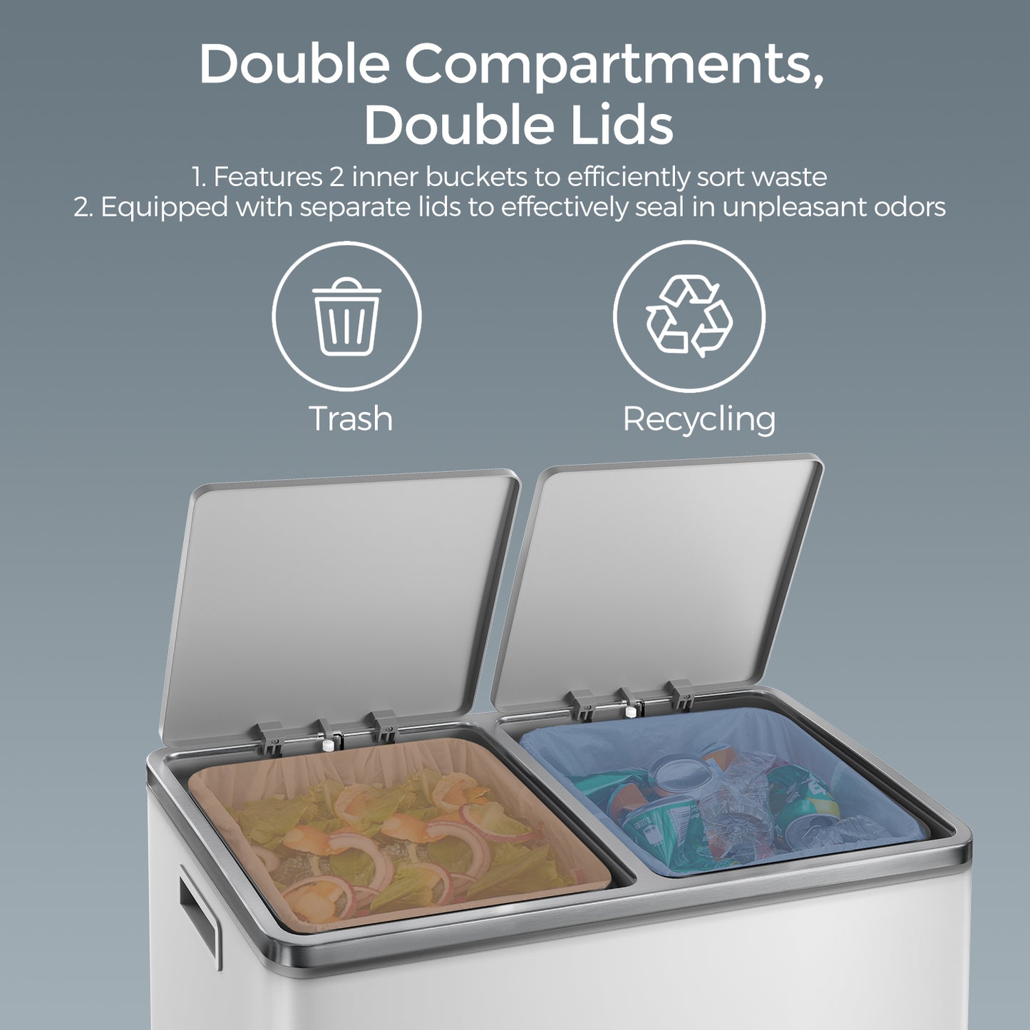 Dual Compartment Kitchen Trash Can, 2x8 Gallon Step Bin with Inner Buckets & Soft-Close Lid, Includes 15 Trash Bags,White and Gray