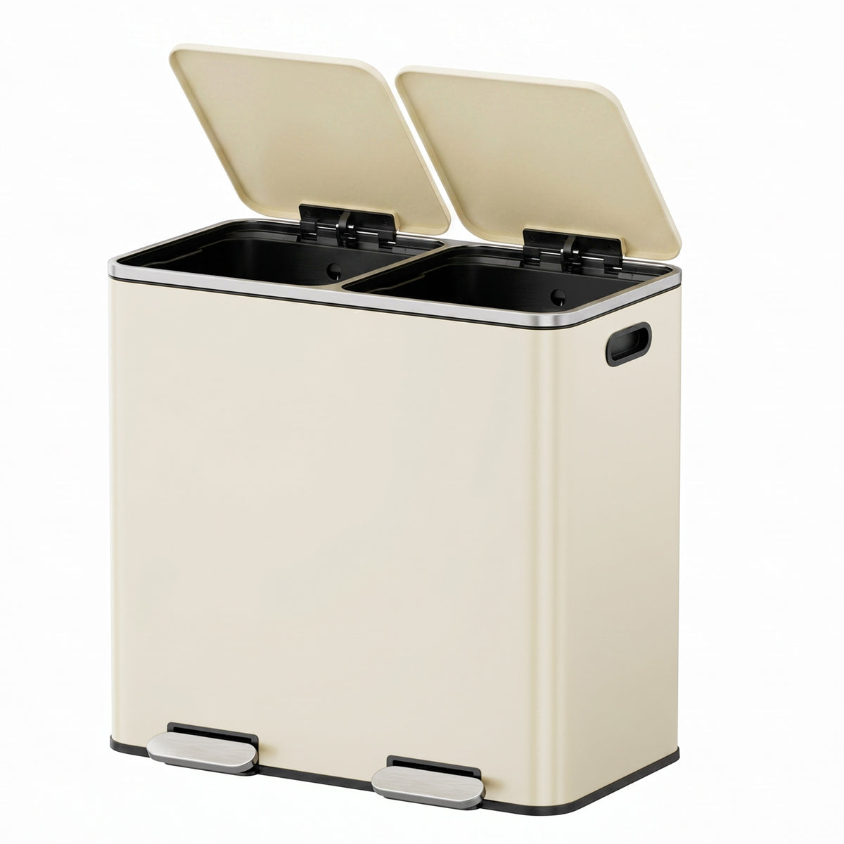 LEDREM 2 x 10.6-Gallon (2 x 40 L) Dual-Compartment Kitchen Trash Can with Hinged Lids, Plastic Inner Buckets and 15 Trash Bags, Airtight Design, Almond