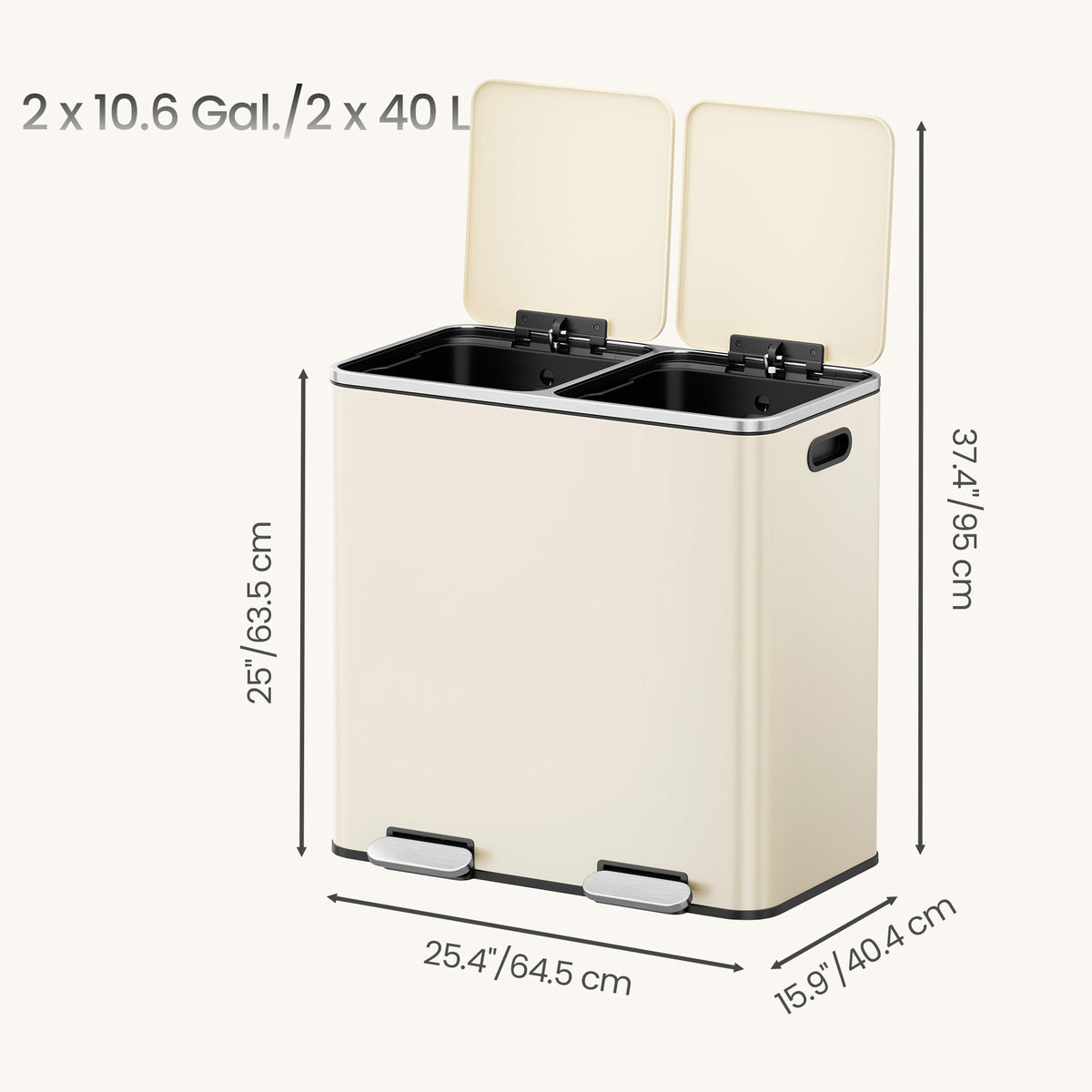 LEDREM 2 x 10.6-Gallon (2 x 40 L) Dual-Compartment Kitchen Trash Can with Hinged Lids, Plastic Inner Buckets and 15 Trash Bags, Airtight Design, Almond