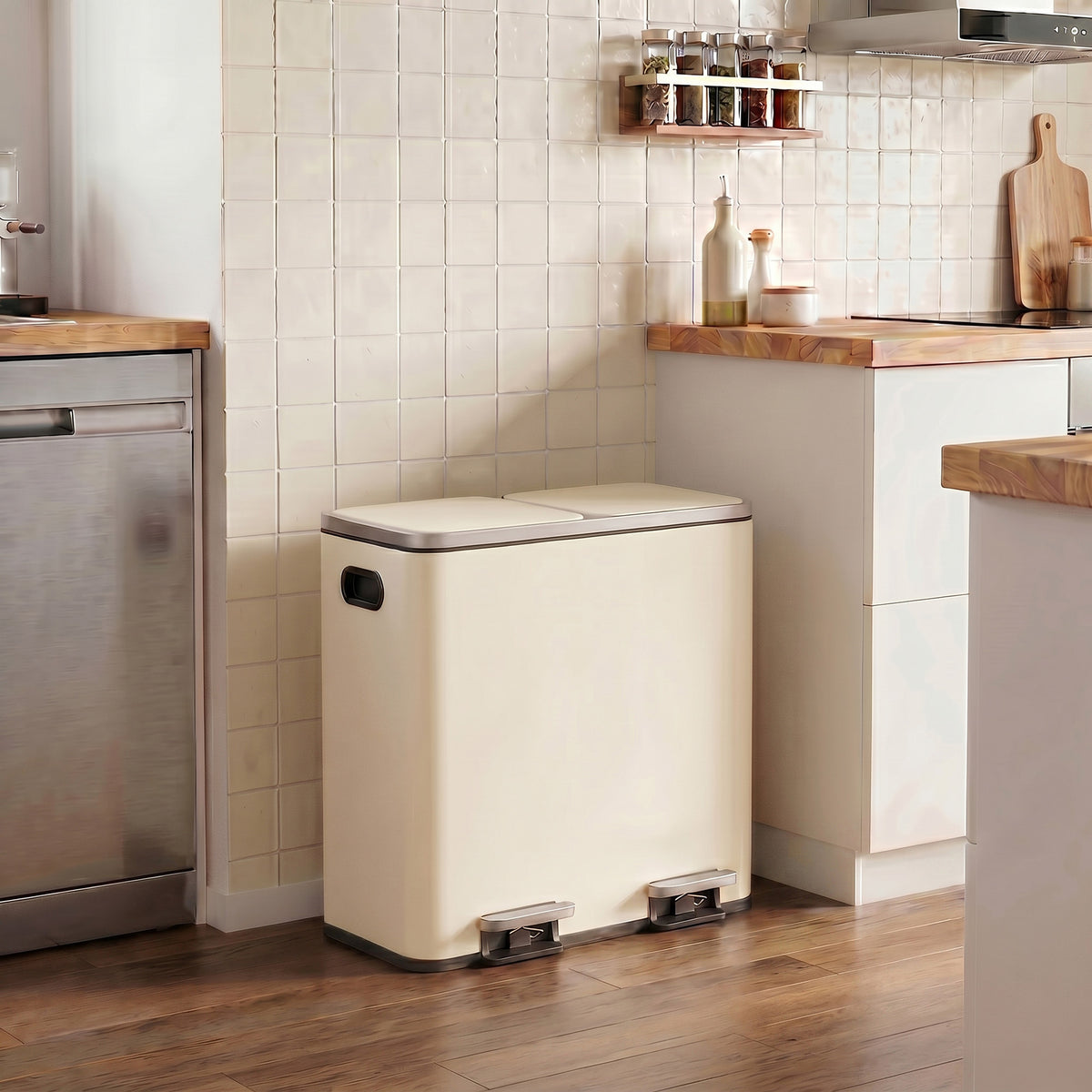 LEDREM 2 x 10.6-Gallon (2 x 40 L) Dual-Compartment Kitchen Trash Can with Hinged Lids, Plastic Inner Buckets and 15 Trash Bags, Airtight Design, Almond
