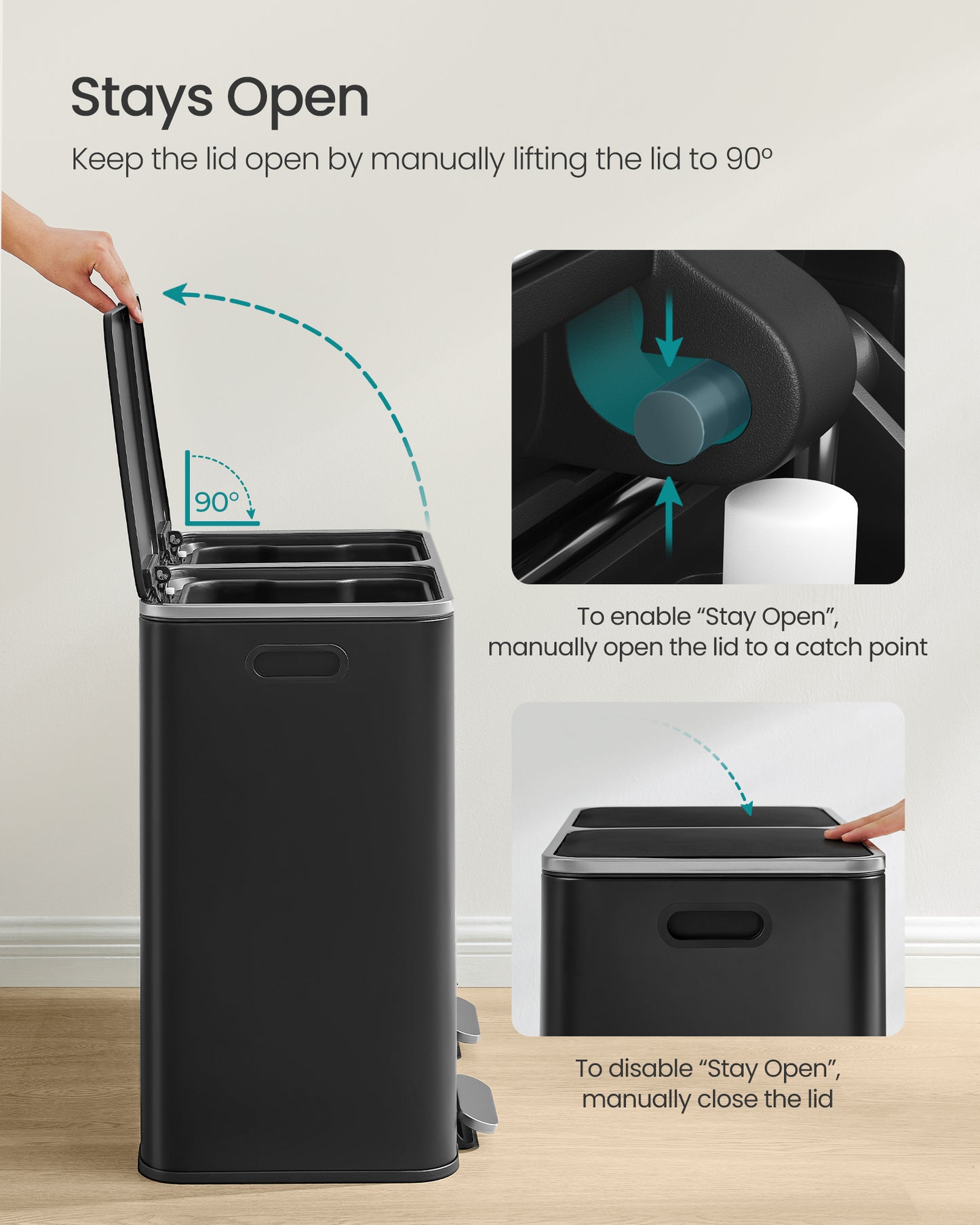 Dual Compartment Step Trash Can, 2 x 10.6-Gallon Kitchen Garbage Bin with Pedal, Inner Buckets, Hinged Lids and Trash Bags Included, Black