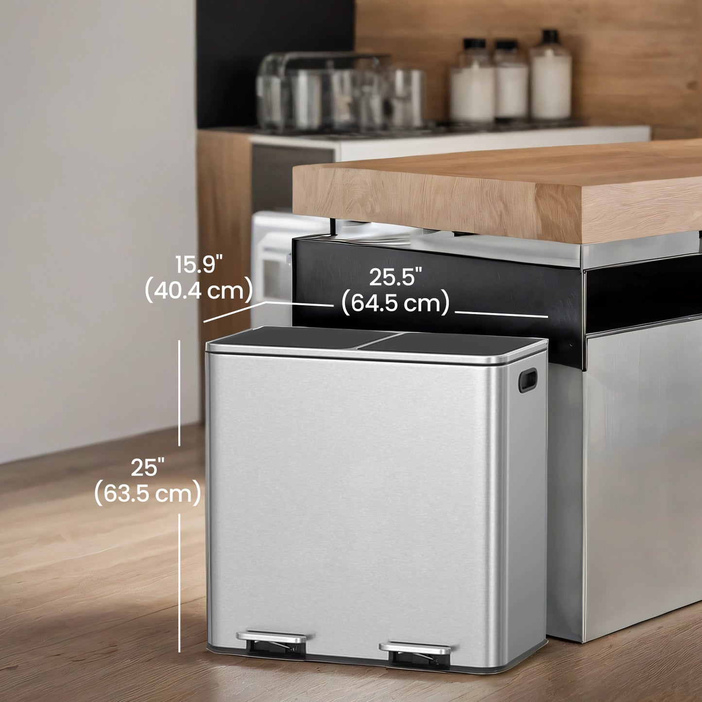 Dual Compartment Step Trash Can, 2 x 10.6-Gallon Kitchen Garbage Bin with Pedal, Inner Buckets, Hinged Lids and Trash Bags Included, Silver and Black