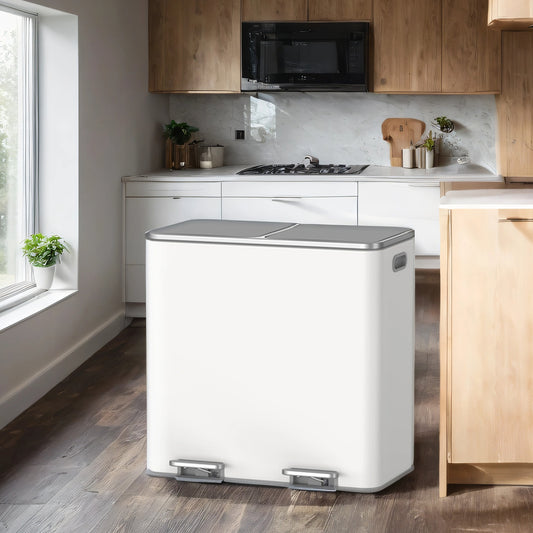 Dual Compartment Step Trash Can, 2 x 10.6-Gallon Kitchen Garbage Bin with Pedal, Inner Buckets, Hinged Lids and Trash Bags Included, White and Gray
