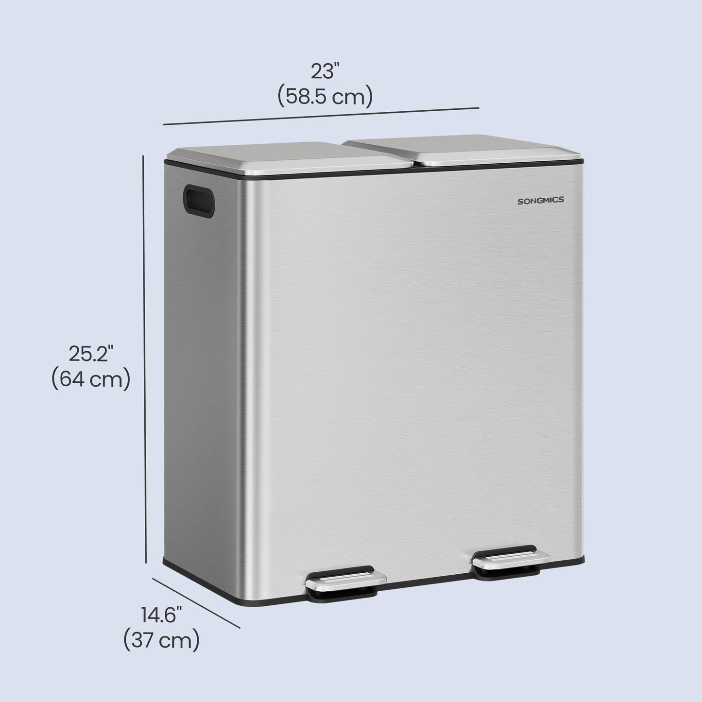 2 x 8 Gallon Dual Compartment Trash Can with Soft-Close Lids, Stainless Steel Pedal Garbage Bin for Waste and Recycling, Metallic Silver