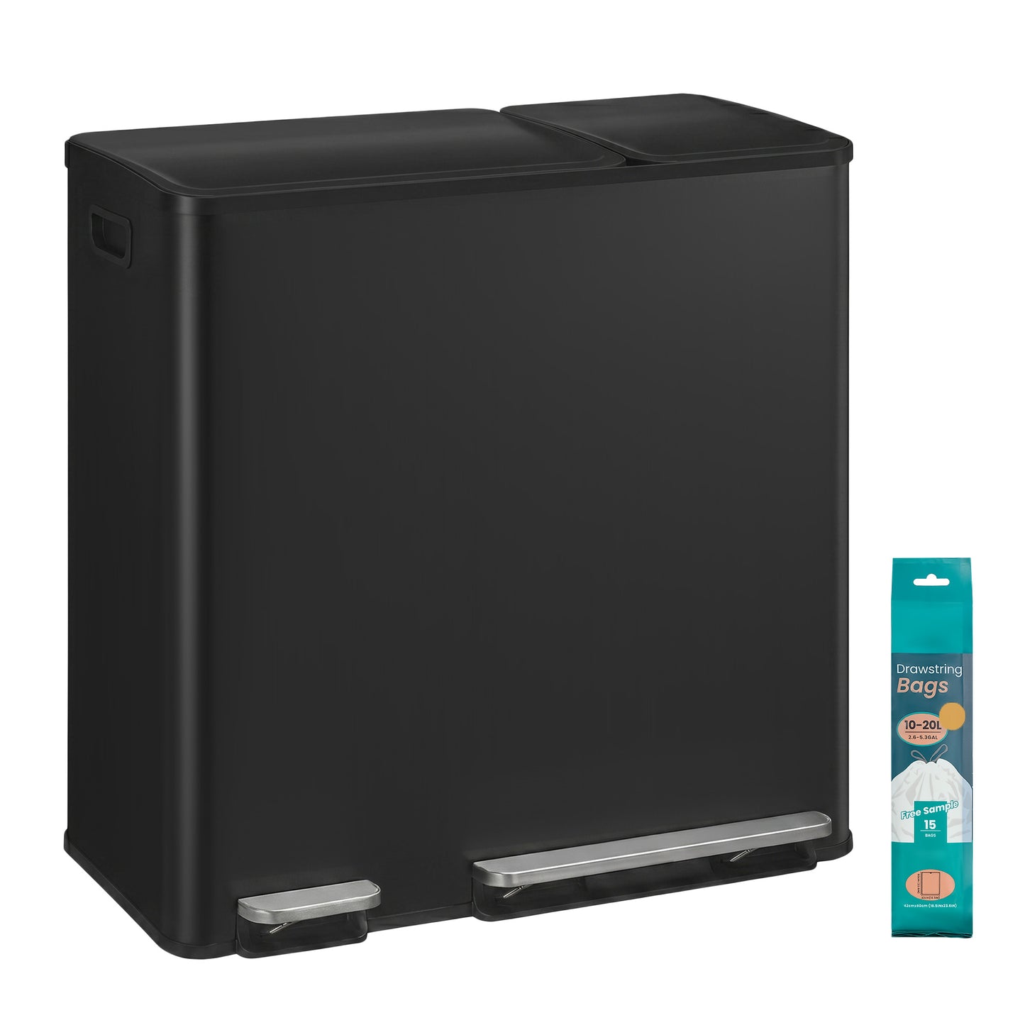 Dual-Compartment Recycling Bin, Stainless Steel Pedal Trash Can with Soft-Close Lid, for Kitchen, Inner Buckets, Black