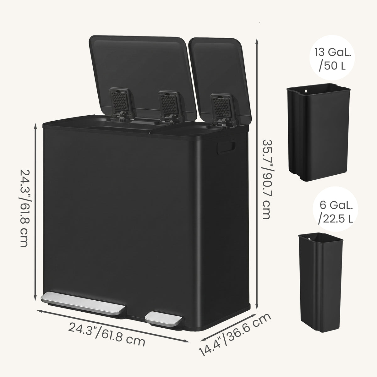 Dual-Compartment Recycling Bin, Stainless Steel Pedal Trash Can with Soft-Close Lid, for Kitchen, Inner Buckets, Black
