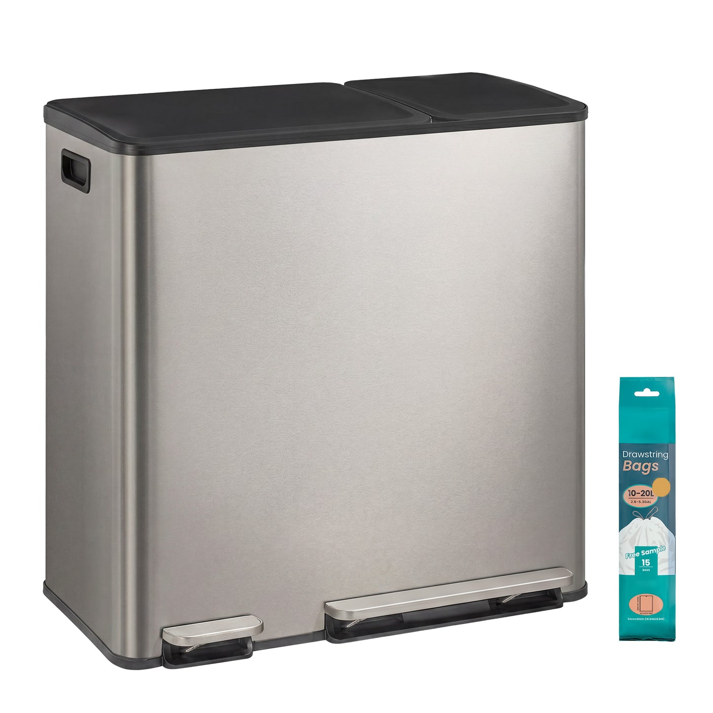 Dual-Compartment Recycling Bin, Stainless Steel Pedal Trash Can with Soft-Close Lid, for Kitchen, Inner Buckets, Silver