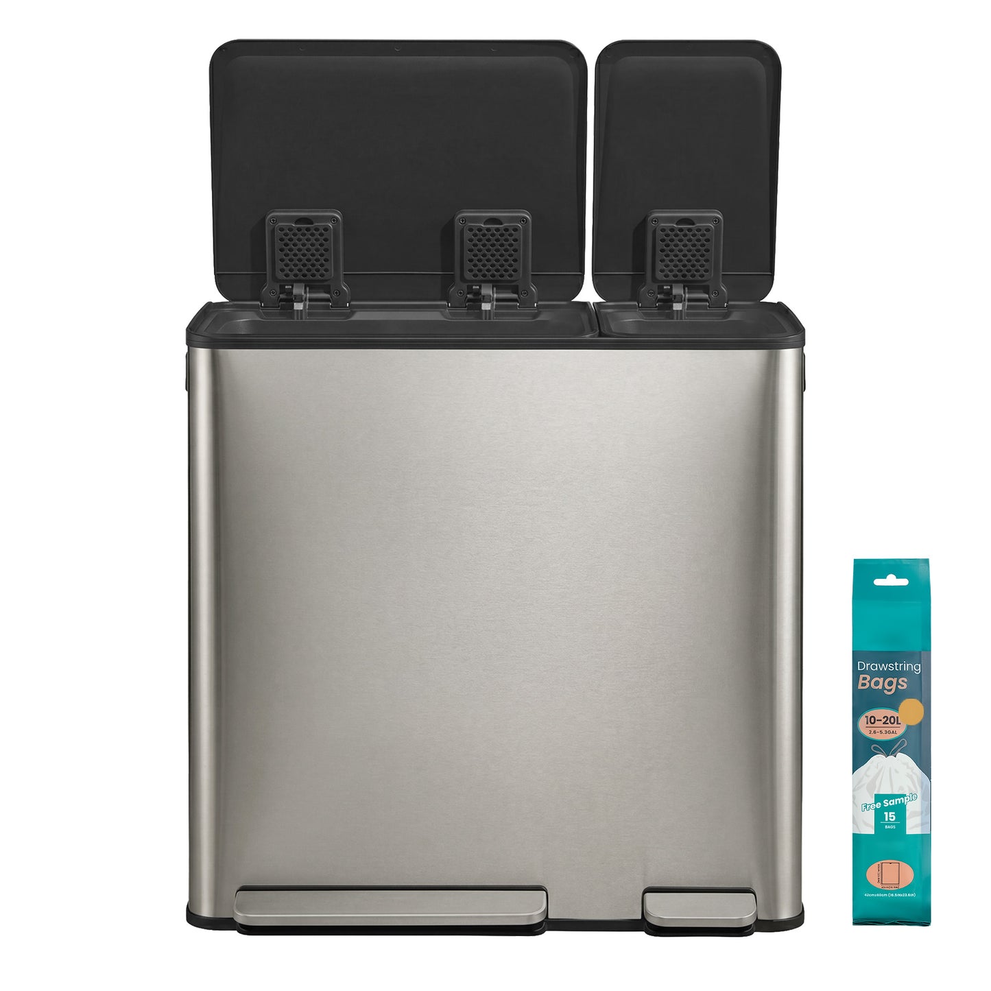 Dual-Compartment Recycling Bin, Stainless Steel Pedal Trash Can with Soft-Close Lid, for Kitchen, Inner Buckets, Silver