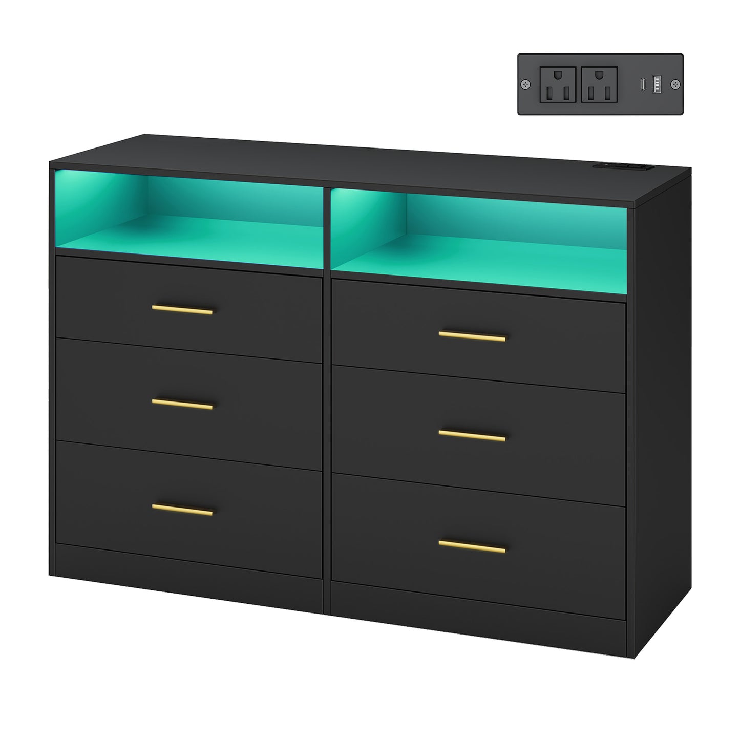 6-Drawer Dresser with LED Lights and Power Strip, Modern Chest of Drawers for Bedroom TV Stand, Black